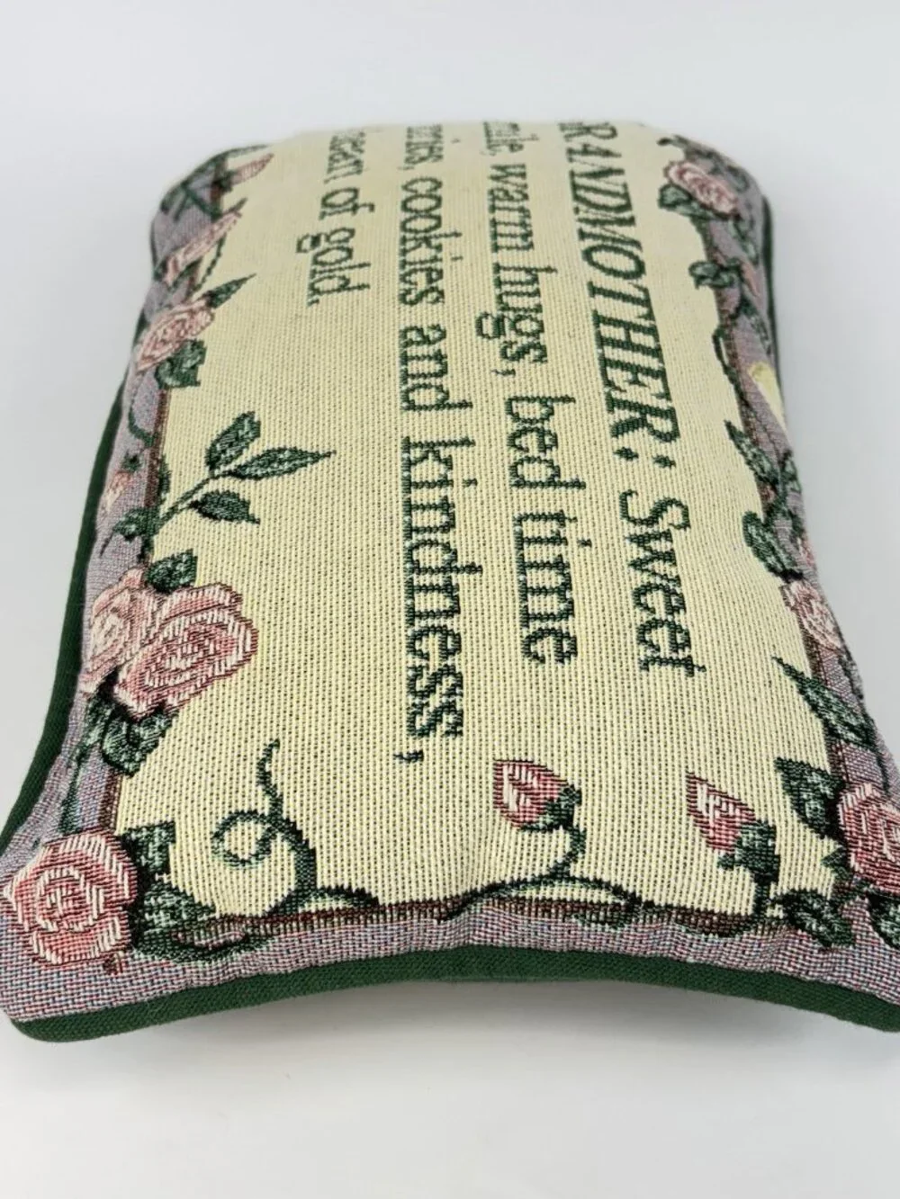 Tapestry Throw Pillow Grandmother Sweet Hugs Stories Cookies Roses Green VTG